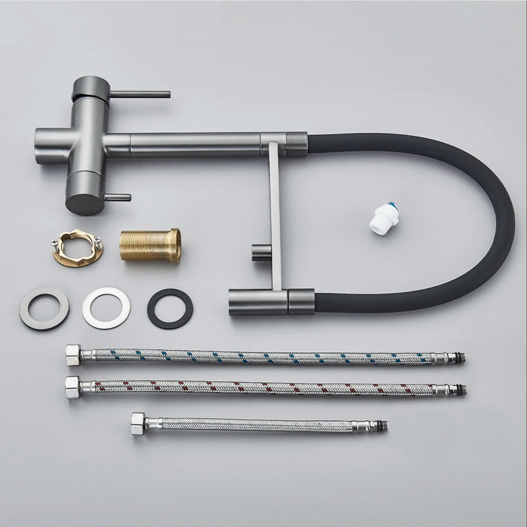 Robinet de cuisine 3 voies à col flexible – Eau filtrée & douchette extractible