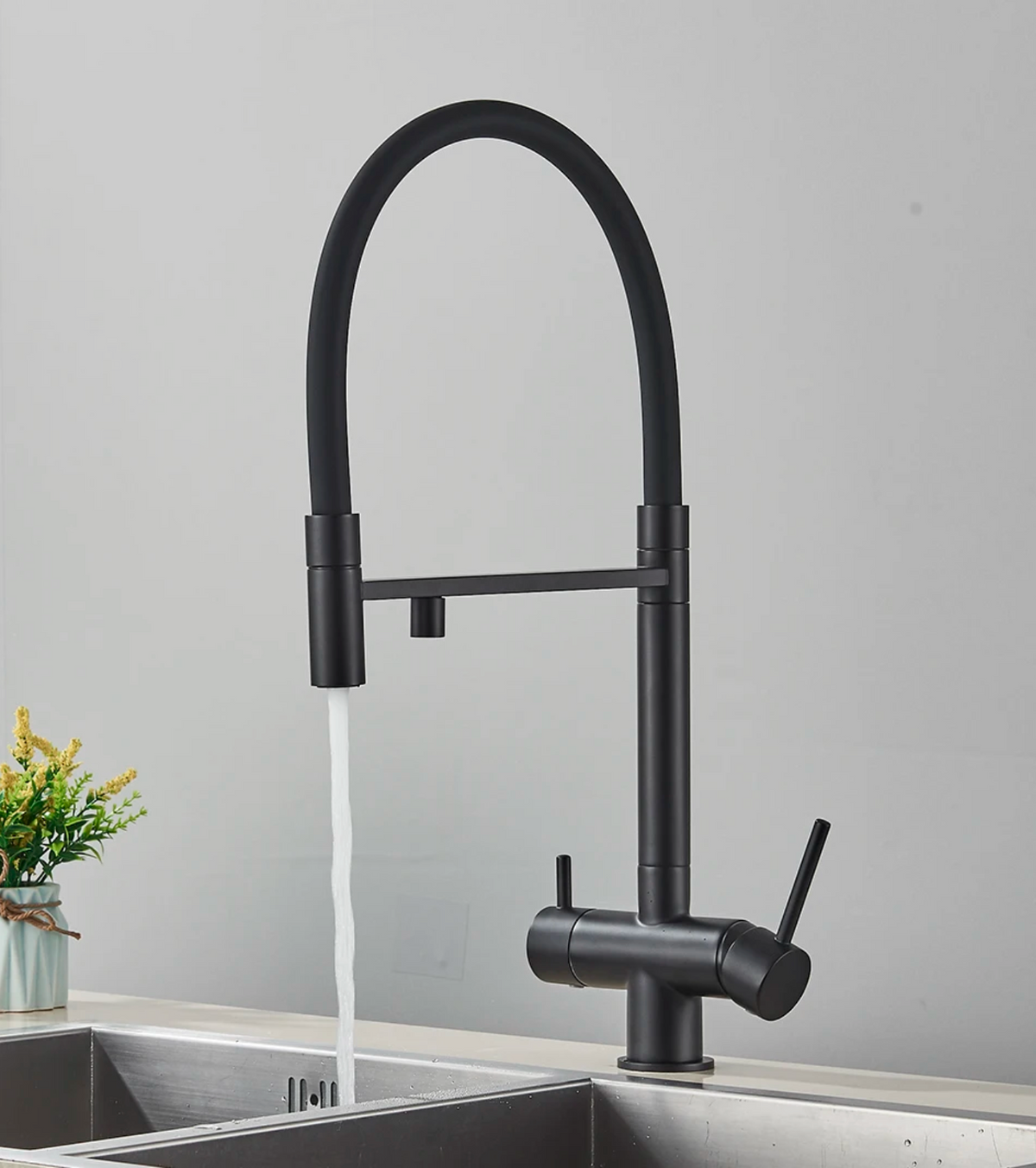 Robinet de cuisine 3 voies à col flexible – Eau filtrée & douchette extractible